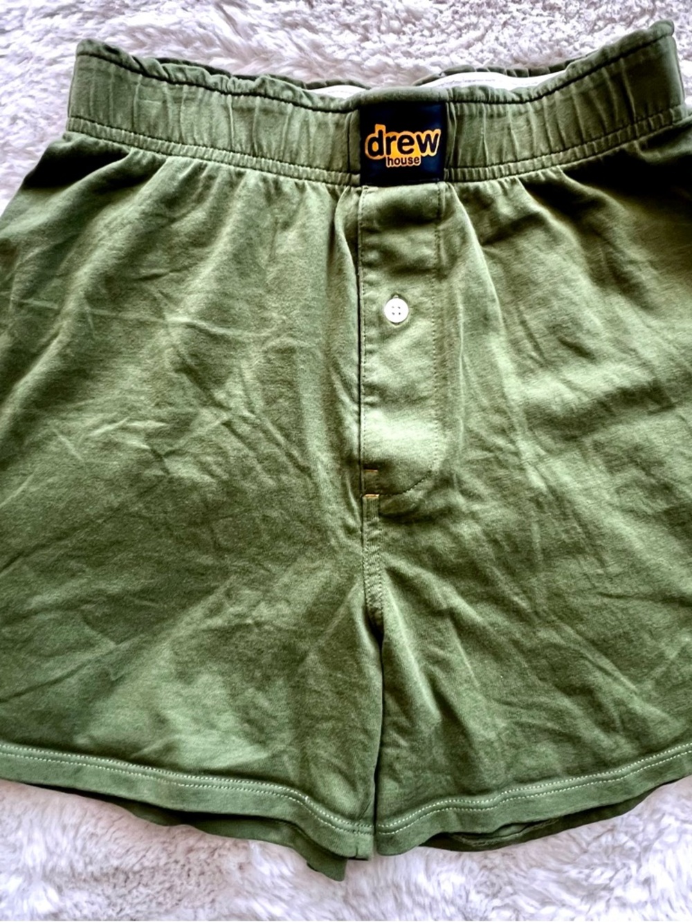 DREW house.  Olive Green Cotton Boxer Shorts with Logo Patch
